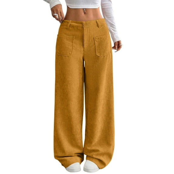 Resicozy Womens Corduroy Pants Baggy Elastic High Waisted Wide Leg Trousers Casual Trendy Comfy Lounge Pants with Pockets Earthy Yellow L