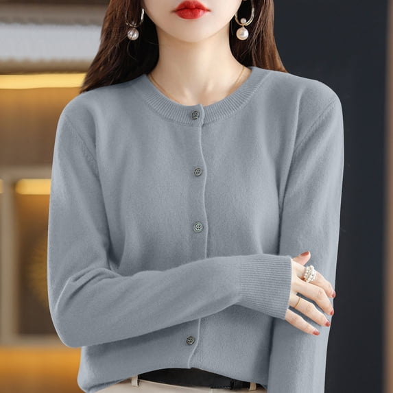 Resicozy Womens Cropped Cardigan Sweaters Lightweight Crew Neck Button Down Cardigans Open Front Long Sleeve Sweater Gray 2XL