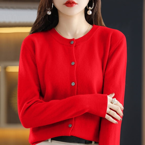 Resicozy Womens Cropped Cardigan Sweaters Lightweight Crew Neck Button Down Cardigans Open Front Long Sleeve Sweater Red L