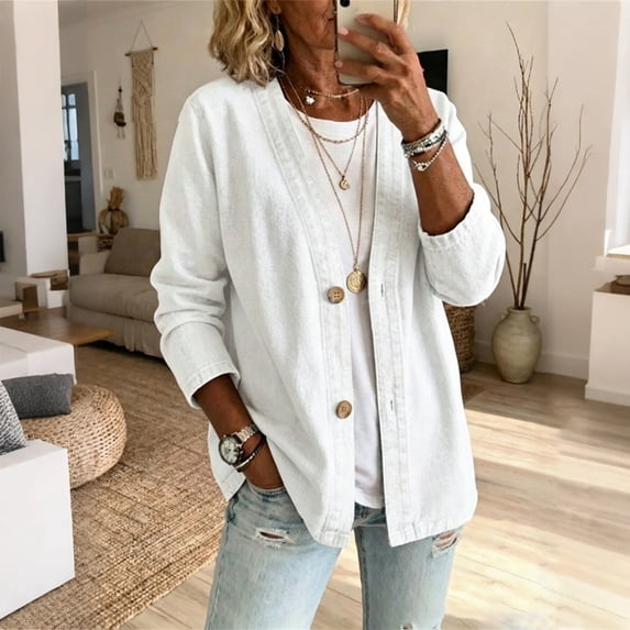 Resicozy Womens Denim Jacket Relaxed Fit 2026 Lightweight Casual Breathable Stretch Button Front Long Sleeve Cardigan Coat White L