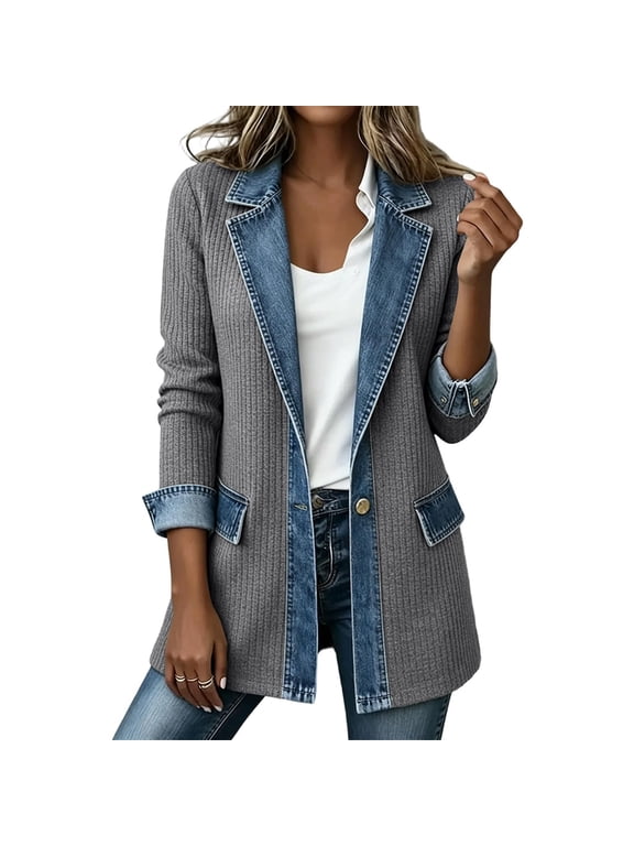 Womens Denim Printed Patchwork Collared Shirt Jacket Casual Long Sleeve Button Front Denim Trim Lightweight Jackets Gray XL