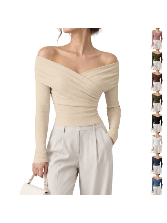 Womens Fall Long Sleeve Wrap Off Shoulder Y2K Going Out Tops Slim Fit, Cute Tops, Fashion Trendy Clothes Beige L