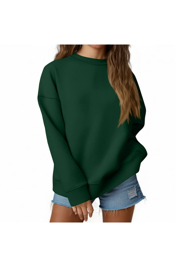 Womens Fall Oversized Plain Sweatshirts Crewneck Hoodie Casual Fashion Lightweight Pullover Sweaters Dark Green 2XL