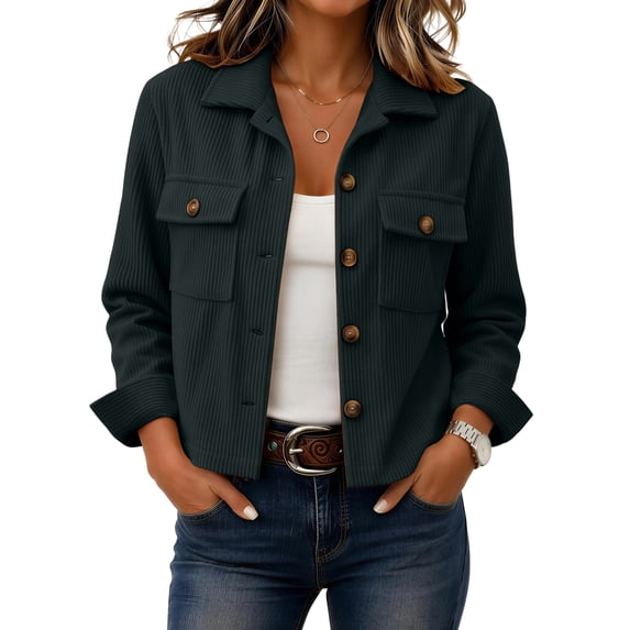 Resicozy Womens Fashion Cropped Jacket Corduroy Button Down Long Sleeve Coats Lightweight Plain Jackets with Pockets 2026 Dark Gray S