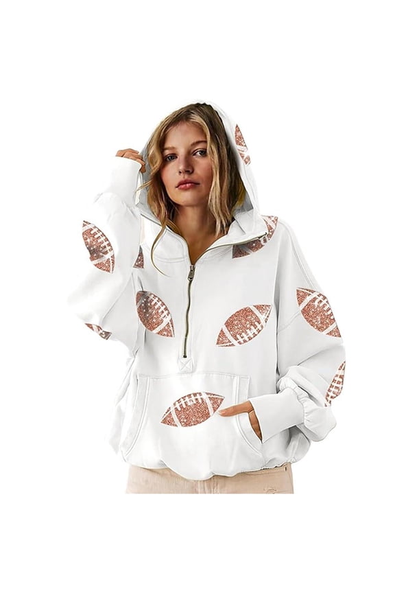 Womens Hoodie Sequin Football Hooded Sweatshirt Long Sleeve Pullover Tops Cute Sweatshirts Fashion Top with Pockets White 3XL