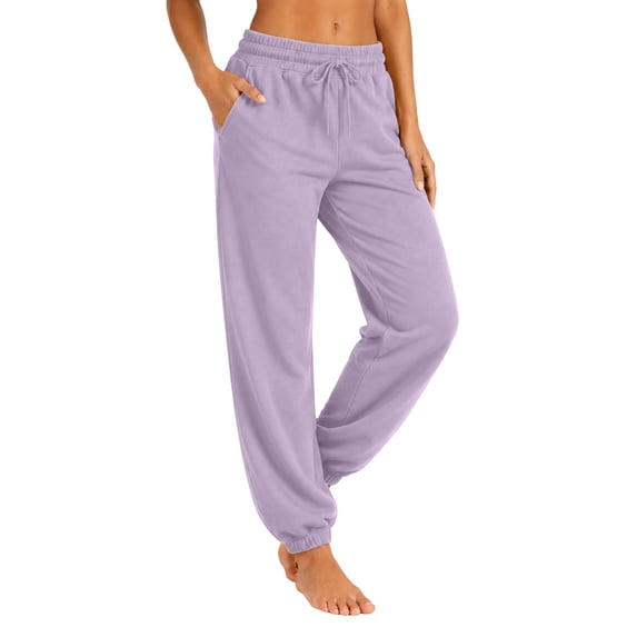 Resicozy Womens Joggers with Pockets Drawstring Elastic Waist Athletic Lounge Pants Casual Fashion Solid Color Trousers Light Purple L