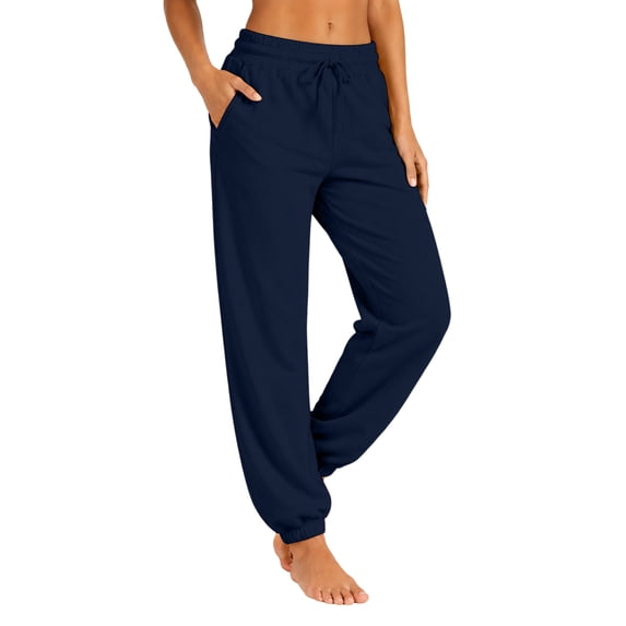 Resicozy Womens Joggers with Pockets Drawstring Elastic Waist Athletic Lounge Pants Casual Fashion Solid Color Trousers Navy M
