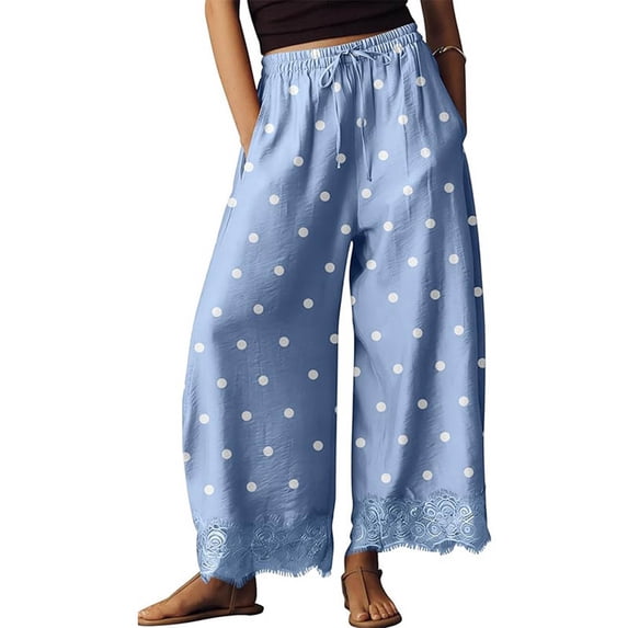 Resicozy Womens Lace Trim Wide Leg Pants 2026 Summer Cropped Lace-Hem Pants Casual Polka Dot Pant with Pockets Light Blue 2XL