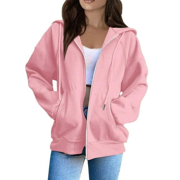 Resicozy Womens Light Weight Zip Up Hoodies Long Sleeve Oversized Sweatshirts Y2K Jacket with Pockets 2025 Fall Fashion Clothes Pink M