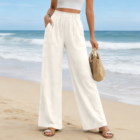 Resicozy Womens Linen Palazzo Pants Summer Flowy Wide Leg Trousers Elastic Waist Casual Pants Vacation Trousers 2026 White L