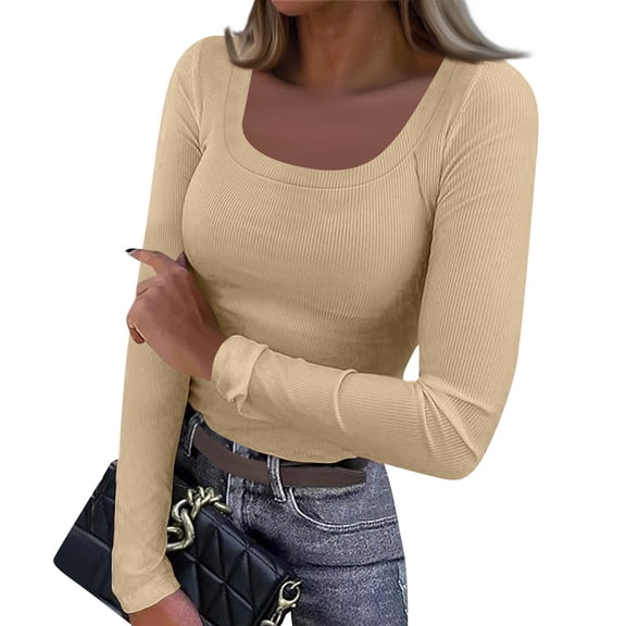 Resicozy Womens Long Sleeve Shirts Square Neck Slim Fit Basic Tops Ribbed Solid Color Fashion Casual Tee Beige M