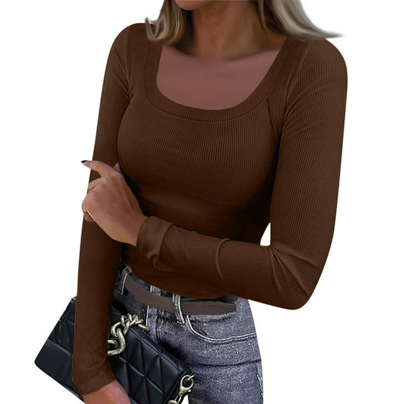 Resicozy Womens Long Sleeve Shirts Square Neck Slim Fit Basic Tops Ribbed Solid Color Fashion Casual Tee Coffee L