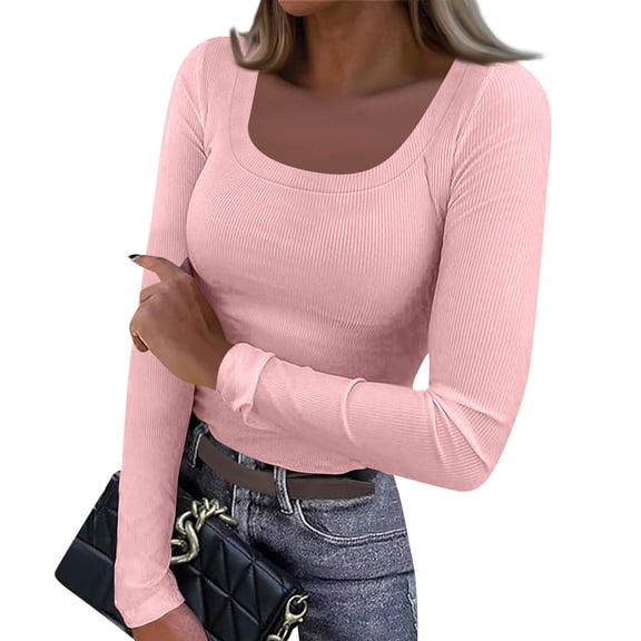 Resicozy Womens Long Sleeve Shirts Square Neck Slim Fit Basic Tops Ribbed Solid Color Fashion Casual Tee Light pink M