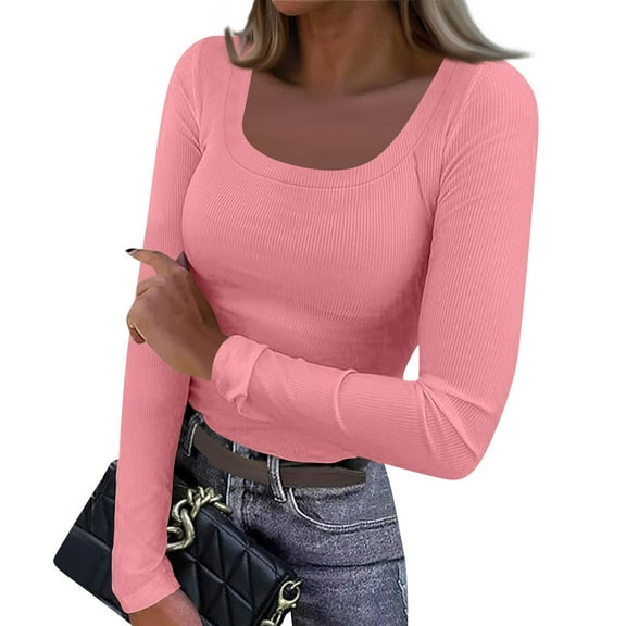 Resicozy Womens Long Sleeve Shirts Square Neck Slim Fit Basic Tops Ribbed Solid Color Fashion Casual Tee Pink S
