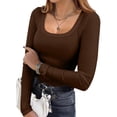 thumbnail image 1 of Resicozy Womens Long Sleeve Square Neck Ribbed Fitted Casual Tops Tee Slim Fashion Solid Color Basic Shirts Coffee XL, 1 of 7