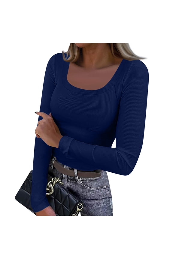Womens Long Sleeve Square Neck Ribbed Fitted Casual Tops Tee Slim Fashion Solid Color Basic Shirts Royal Blue L