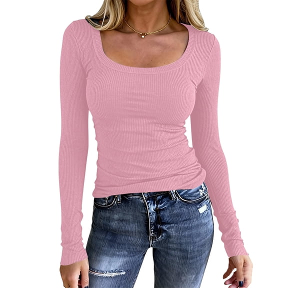 Resicozy Womens Long Sleeve Tops Fall Spring Scoop Neck Ribbed Knit Shirts Slim Fitted Casual Basic Solid Tee T Shirt 2026 Pink XL