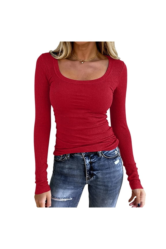 Womens Long Sleeve Tops Fall Spring Scoop Neck Ribbed Knit Shirts Slim Fitted Casual Basic Solid Tee T Shirt 2026 Red 2XL
