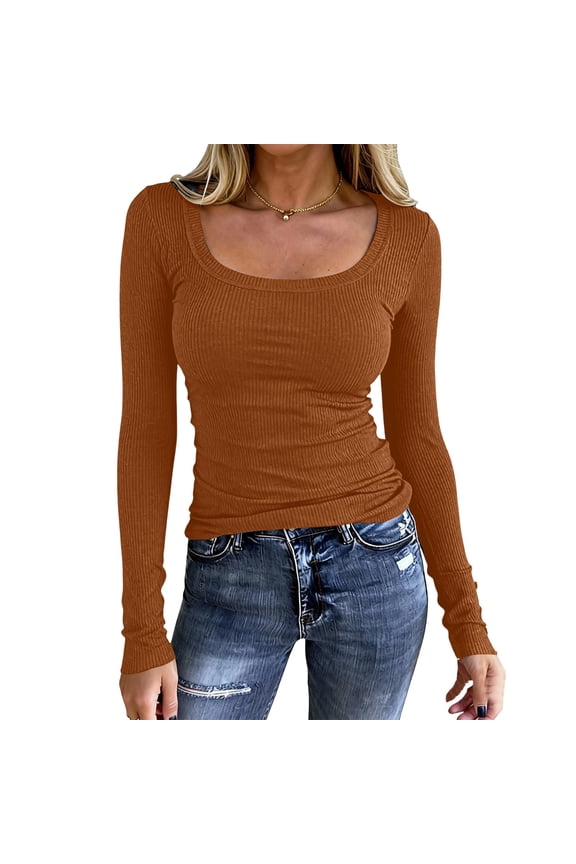 Womens Long Sleeve Tops Fall Spring Scoop Neck Ribbed Knit Shirts Slim Fitted Casual Basic Solid Tee T Shirt 2026 Saffron L