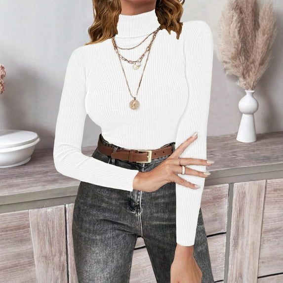 Resicozy Womens Long Sleeve Turtleneck Sweaters Ribbed Knit Pullover Tops Slim Fit Basic Casual Comfort Soft Solid Color Sweater White XL