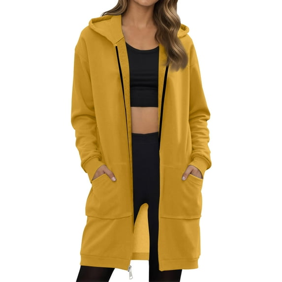 Resicozy Womens Long Tunic Hoodies Oversized Hooded Zip Up Solid Color Sweatshirts Casual Pullover Hoodies Cute Trendy Sweaters Yellow L