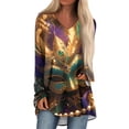 thumbnail image 1 of Resicozy Womens Mardi Gras Shirt Funny Mask Printed Pullover Fashion Party V-Neck Long Sleeve Shirts Top Gold#1 L, 1 of 5