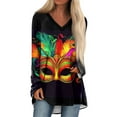 thumbnail image 1 of Resicozy Womens Mardi Gras Shirt Funny Mask Printed Pullover Fashion Party V Neck Long Sleeve Shirts Top Gray#1 L, 1 of 5