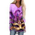 thumbnail image 1 of Resicozy Womens Mardi Gras Shirt Funny Mask Printed Pullover Fashion Party V-Neck Long Sleeve Shirts Top Purple#2 XL, 1 of 5