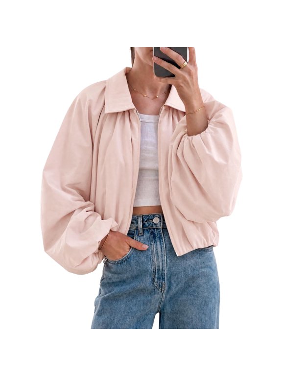 Womens Oversized Bomber Jackets Puff Sleeve Cropped Jacket Collar, Zip Up, Y2K Streetwear, Trendy Varsity Jackets, for Outdoor Travel Pink M