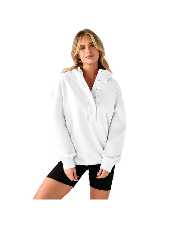 Womens Oversized Sweatshirt Long Sleeve Henley Pullover Tops 2026 Spring Casual Button Loose Fit Sweatshirts White L