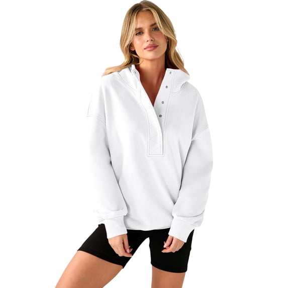 Resicozy Womens Oversized Sweatshirt Long Sleeve Henley Pullover Tops 2026 Spring Casual Button Loose Fit Sweatshirts White M
