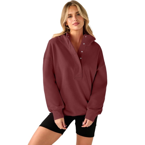 Resicozy Womens Oversized Sweatshirt Long Sleeve Henley Pullover Tops 2026 Spring Casual Button Loose Fit Sweatshirts Wine S