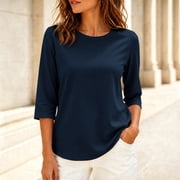 Resicozy Womens Oversized T-Shirt Casual 3/4 Length Sleeve Summer Tops Loose Fit Crew Neck Basic Shirts Navy L