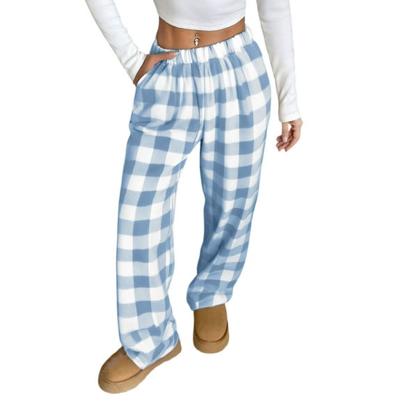 Resicozy Womens Plaid Pajama Pants Flannel Fuzzy Casual Lounge Pant with Pockets Winter Warm Bottoms Light Blue L