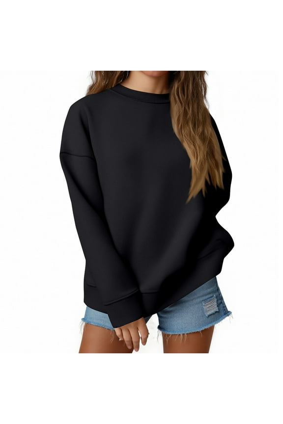 Womens Plus Size Plain Sweatshirts Long Sleeve Oversized Crew Neck Tops Casual Soft Loose Pullover Shirts 2025 Black 2XL
