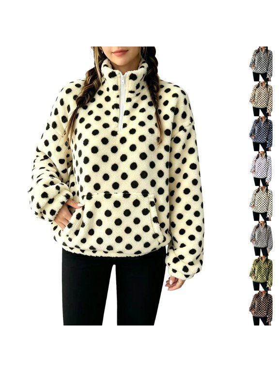 Womens Polka Dot Fleece Pullover Jacket Fuzzy Sweatshirts Mock Neck Half Zip, Long Sleeves, Fall Winter Daily Active Wear with Pockets Yellow L