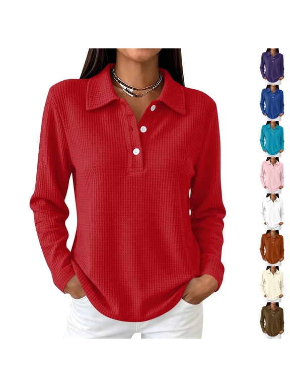 Womens Polo Shirts Collared Waffle Knit Blouse Half Button Long Sleeve Solid Casual Henley Pullover Tops Red L