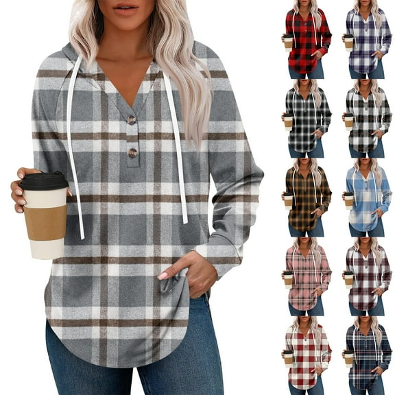 Resicozy Womens Soft Plaid Hoodie Button V Neck Sweatshirts Casual Long Sleeve Shirts Early Fall Trendy Clothing Camel L