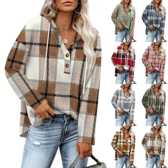 Resicozy Womens Soft Plaid Hoodie Button V Neck Sweatshirts Lightweight Long Sleeve Shirts Early Fall Fashion Clothing Dark Green L