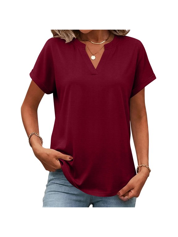 Womens Summer Tops Short Sleeve Basic Casual V Neck T Shirts Trendy Lightweight 2026 Wine M