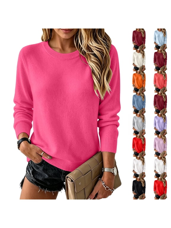 Womens Sweater Crewneck Long Sleeve Tops Fashion Clothing Soft Knit Pullover Lightweight Business Casual Fashion Clothing Hot Pink 2XL
