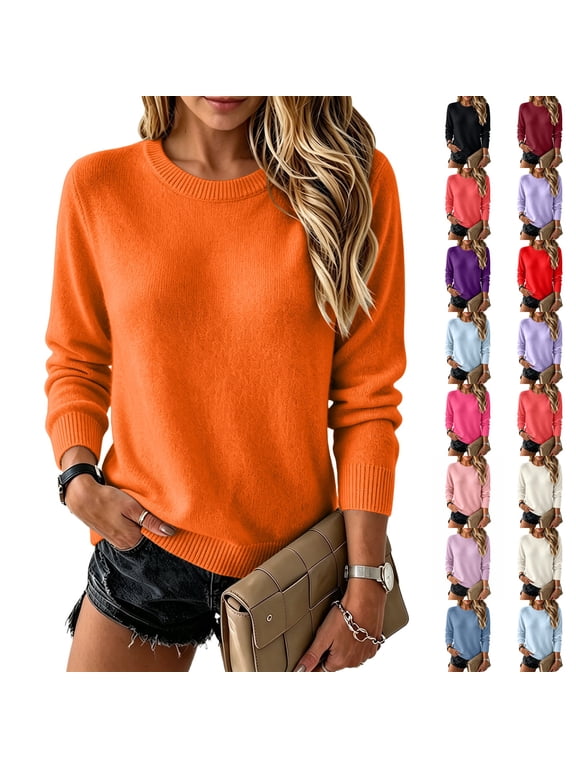 Womens Sweater Crewneck Long Sleeve Tops Fashion Clothing Soft Knit Pullover Lightweight Business Casual Fashion Clothing Orange S