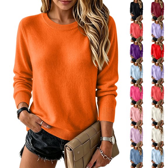 Resicozy Womens Sweater Crewneck Long Sleeve Tops Fashion Clothing Soft Knit Pullover Lightweight Business Casual Fashion Clothing Orange S