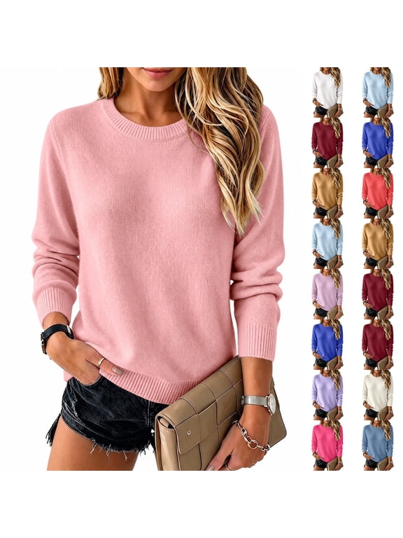 Womens Sweater Crewneck Long Sleeve Tops Fashion Clothing Soft Knit Pullover Lightweight Business Casual Fashion Clothing Pink XL