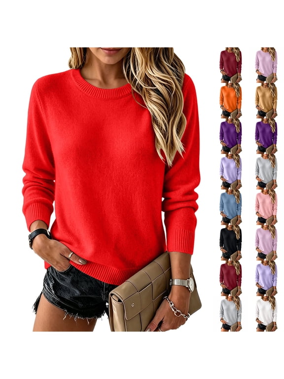 Womens Sweater Crewneck Long Sleeve Tops Fashion Clothing Soft Knit Pullover Lightweight Business Casual Fashion Clothing Red S
