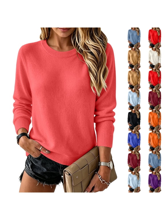 Womens Sweater Crewneck Long Sleeve Tops Fashion Clothing Soft Knit Pullover Lightweight Business Casual Fashion Clothing Watermelon Red S