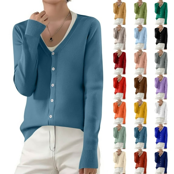 Resicozy Womens Sweaters Cardigan Dressy Button Down Cardigans Sweater Lightweight Long Sleeve Crewneck Knit Solid Color Tops Purple S