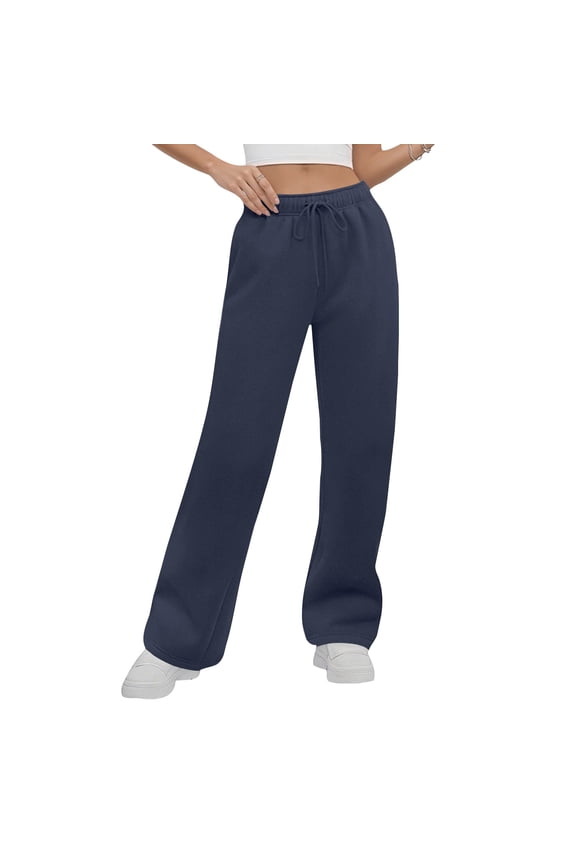 Womens Sweatpants 2025 Fall Drawstring Baggy Wide Leg Sweatpant Straight Leg Sweat Pants with Pockets Navy L