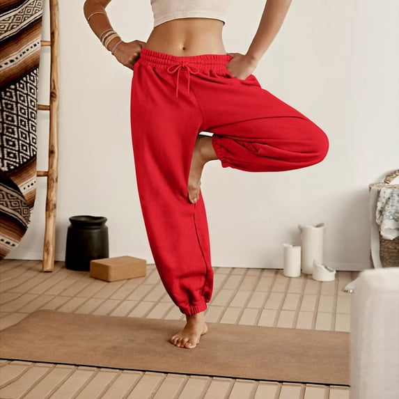 Resicozy Womens Sweatpants Trendy Drawstring Elastic Waist Bottom Lounge Pant Lightweight Baggy Joggers with Pocket Red M