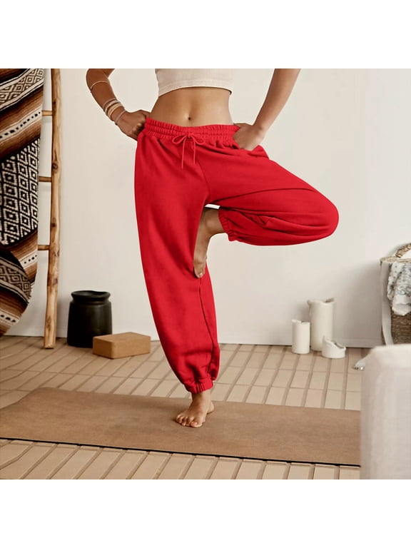 Womens Sweatpants Trendy Drawstring Elastic Waist Bottom Lounge Pant Lightweight Baggy Joggers with Pocket Red S